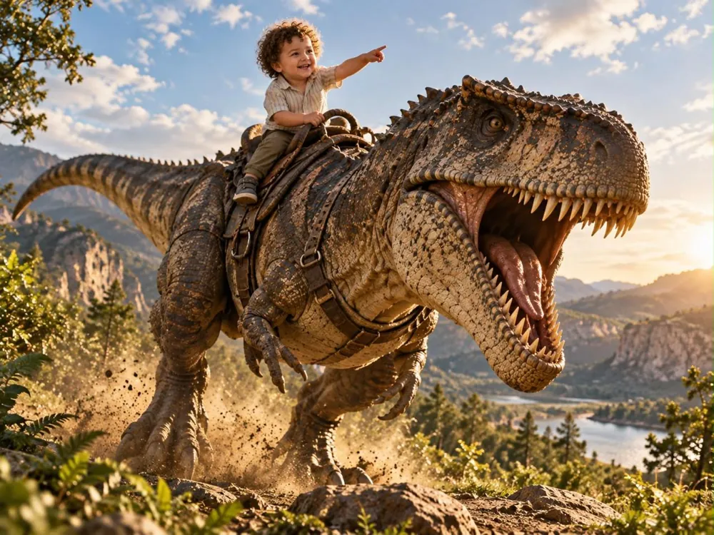 Benjamín montado en un T-Rex